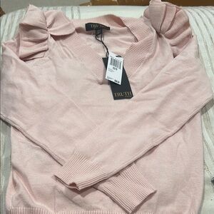 Truth Pink V-Neck Sweater with Ruffle Detail
